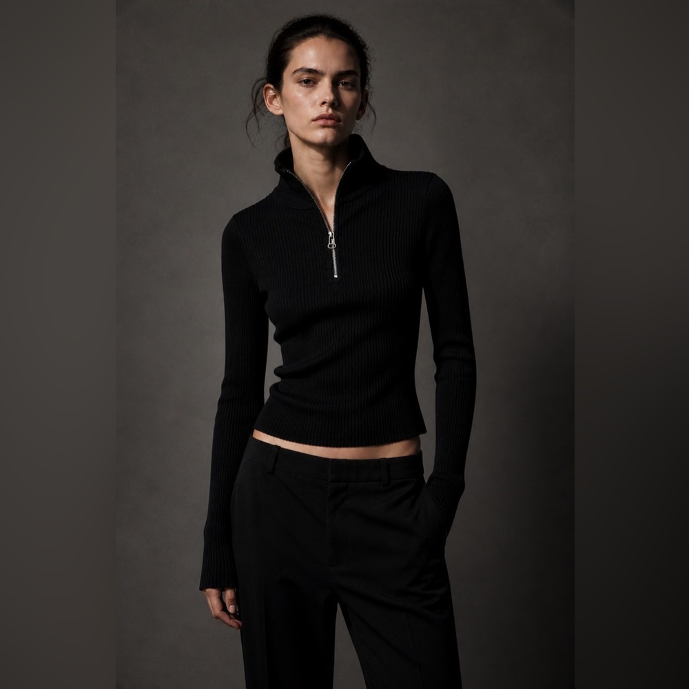 ▪️Helmut Lang Black Ribbed Zip Mock Neck Sweater Slim Fit Minimalist Knit Top